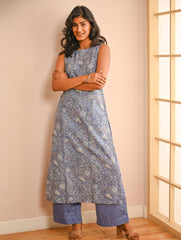 Work Chic. Sanganer Block Printed Straight Fit Cotton Kurta Set - Lavender Flora (Set of 2)