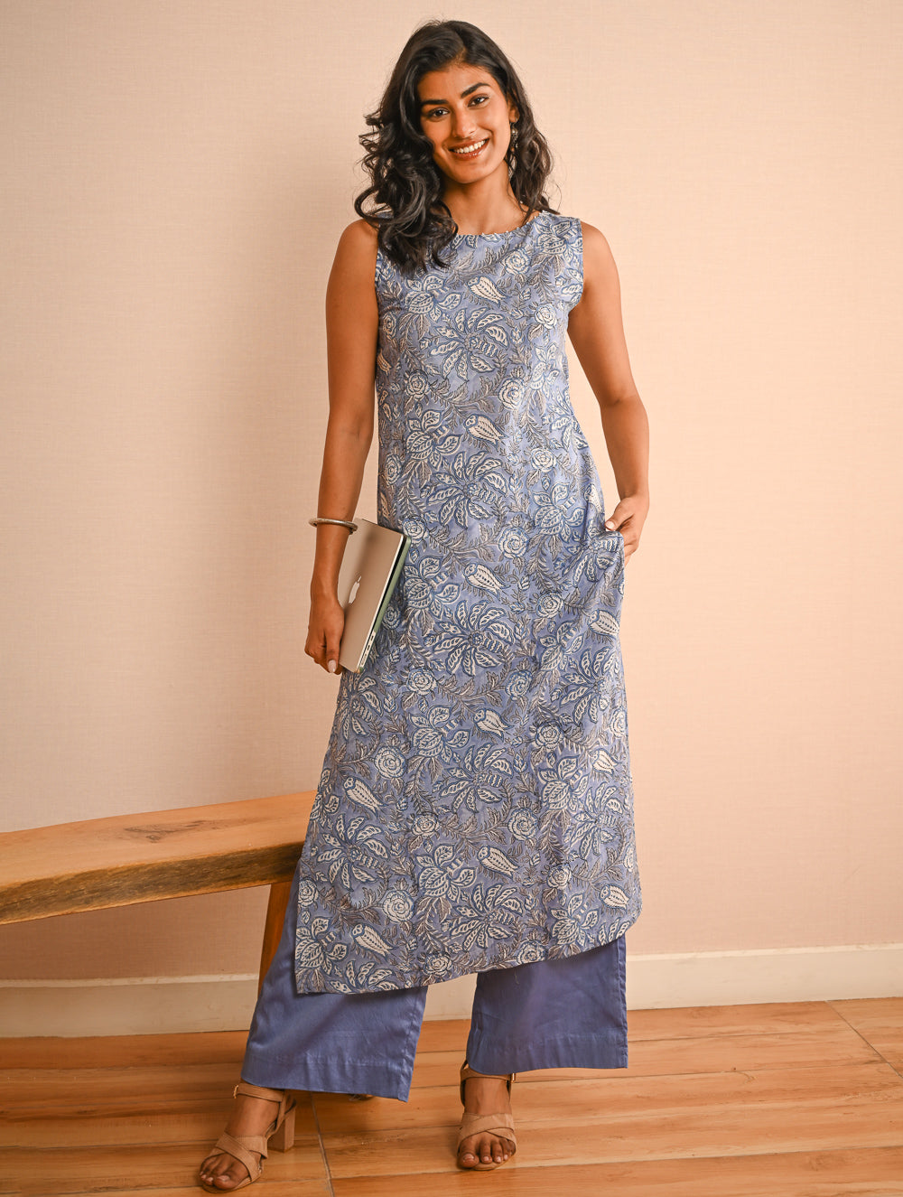 Work Chic. Sanganer Block Printed Straight Fit Cotton Kurta Set - Lavender Flora (Set of 2)