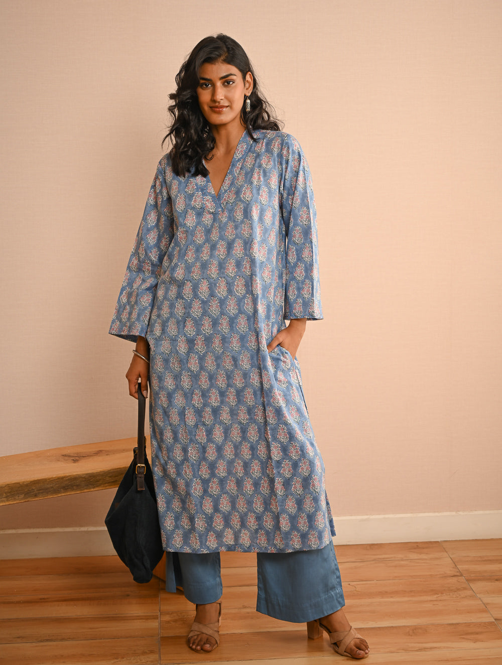 Work Chic. Sanganer Block Printed Loose Fit Cotton Kurta Set - Blue Ornate (Set of 2)