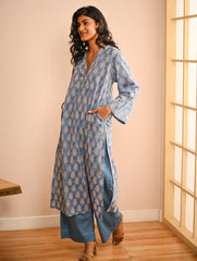 Work Chic. Sanganer Block Printed Loose Fit Cotton Kurta Set - Blue Ornate (Set of 2)