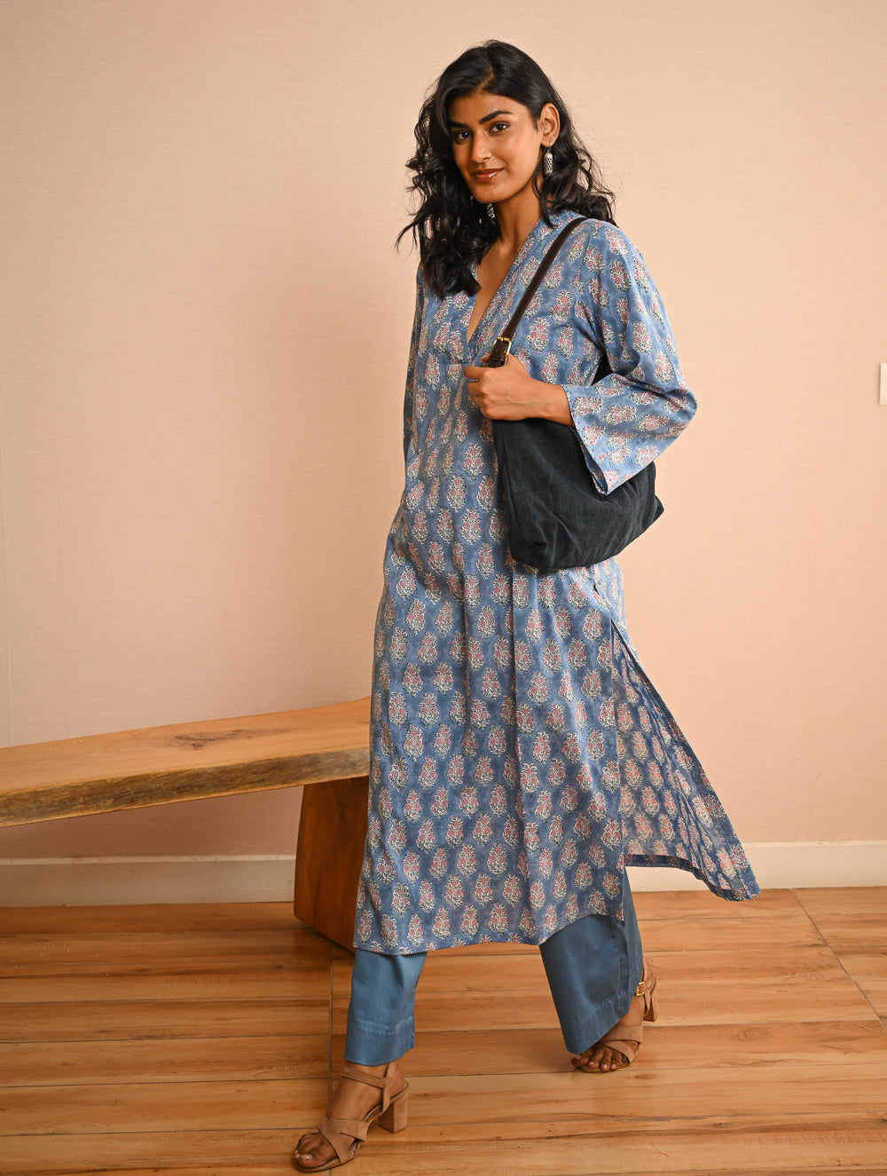 Work Chic. Sanganer Block Printed Loose Fit Cotton Kurta Set - Blue Ornate (Set of 2)