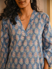 Work Chic. Sanganer Block Printed Loose Fit Cotton Kurta Set - Blue Ornate (Set of 2)