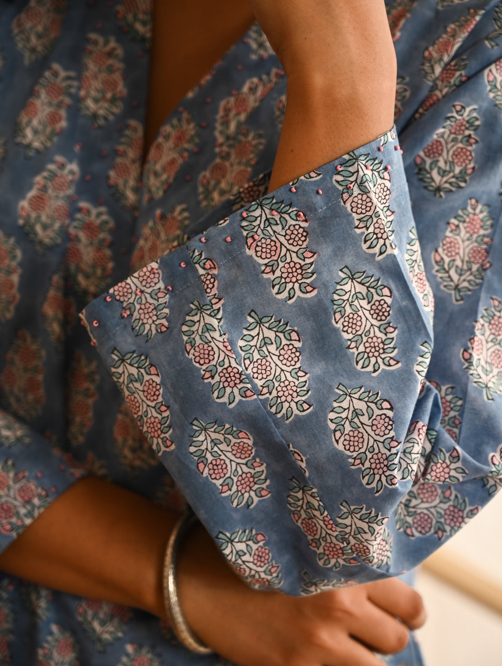 Work Chic. Sanganer Block Printed Loose Fit Cotton Kurta Set - Blue Ornate (Set of 2)