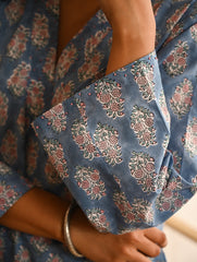 Work Chic. Sanganer Block Printed Loose Fit Cotton Kurta Set - Blue Ornate (Set of 2)