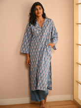 Work Chic. Sanganer Block Printed Loose Fit Cotton Kurta Set - Blue Ornate (Set of 2)