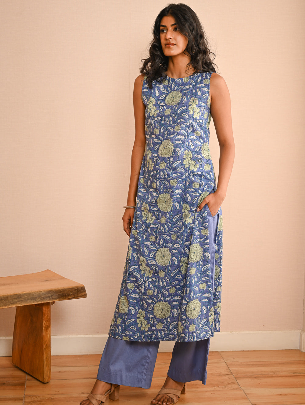 Work Chic. Sanganer Block Printed Straight Fit Cotton Kurta Set - Mint & Blue Flora (Set of 2)