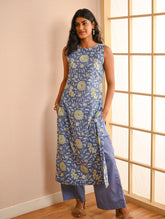 Work Chic. Sanganer Block Printed Straight Fit Cotton Kurta Set - Mint & Blue Flora (Set of 2)