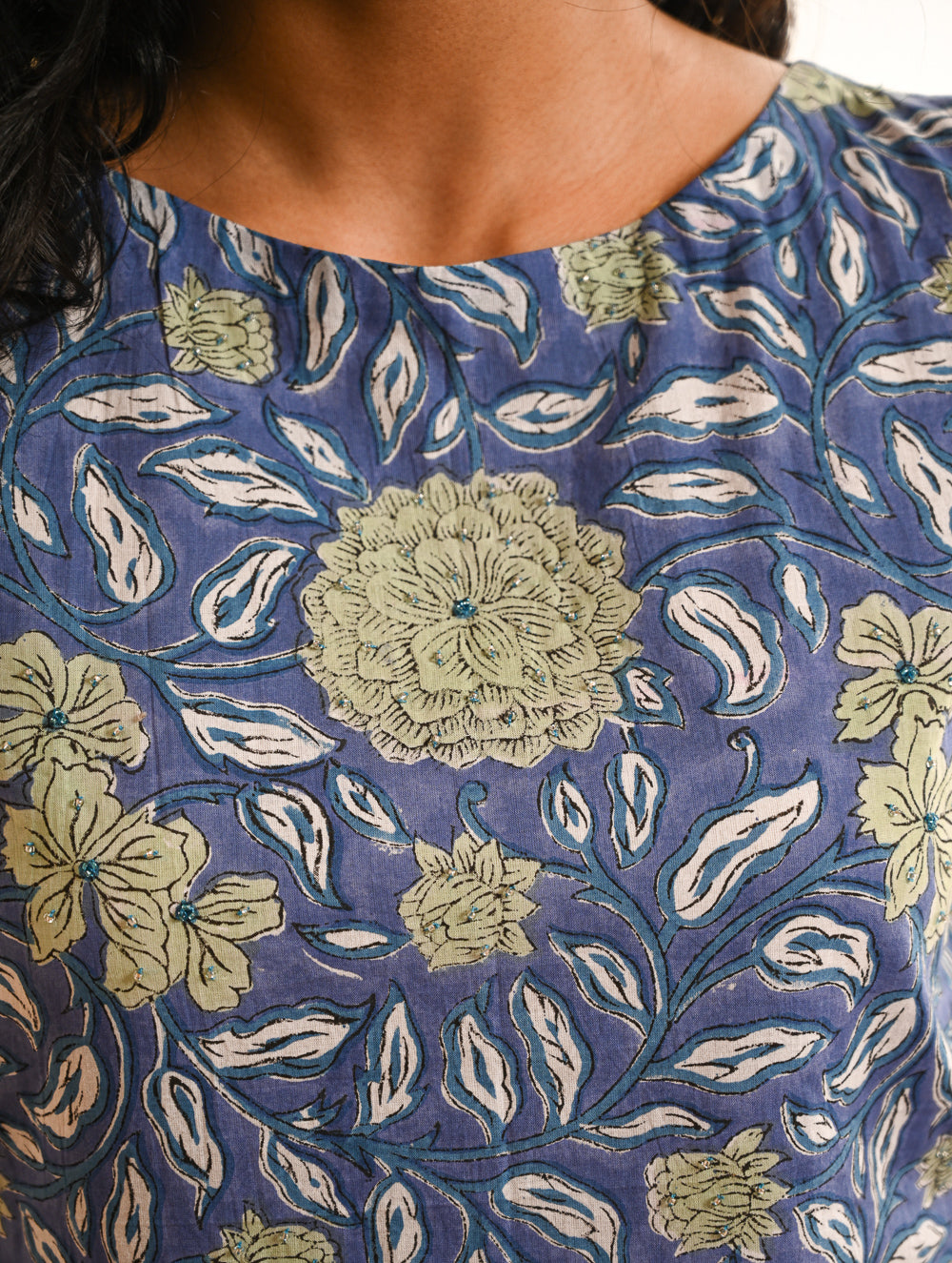 Work Chic. Sanganer Block Printed Straight Fit Cotton Kurta Set - Mint & Blue Flora (Set of 2)