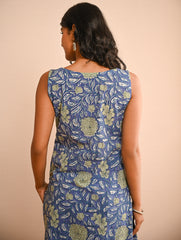 Work Chic. Sanganer Block Printed Straight Fit Cotton Kurta Set - Mint & Blue Flora (Set of 2)