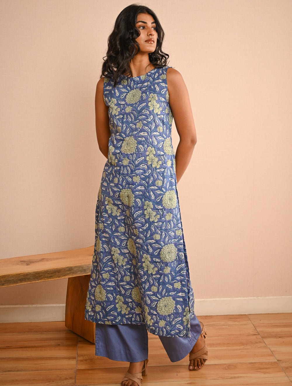 Work Chic. Sanganer Block Printed Straight Fit Cotton Kurta Set - Mint & Blue Flora (Set of 2)