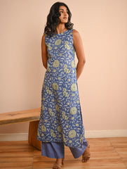 Work Chic. Sanganer Block Printed Straight Fit Cotton Kurta Set - Mint & Blue Flora (Set of 2)