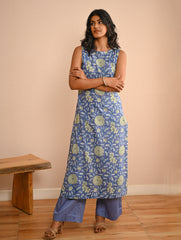 Work Chic. Sanganer Block Printed Straight Fit Cotton Kurta Set - Mint & Blue Flora (Set of 2)