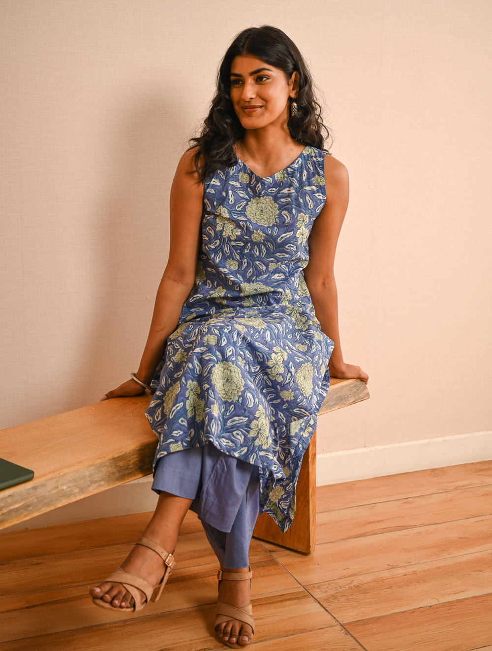 Work Chic. Sanganer Block Printed Straight Fit Cotton Kurta Set - Mint & Blue Flora (Set of 2)