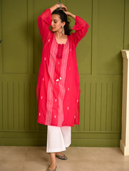 Ethnic Summers. Bengal Handwoven Jamdani Light & Soft Mul Cotton Loose Fit Kurta - Vibrant Pink