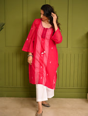 Ethnic Summers. Bengal Handwoven Jamdani Light & Soft Mul Cotton Loose Fit Kurta - Vibrant Pink