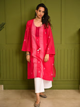 Ethnic Summers. Bengal Handwoven Jamdani Light & Soft Mul Cotton Loose Fit Kurta - Vibrant Pink