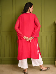 Ethnic Summers. Bengal Handwoven Jamdani Light & Soft Mul Cotton Loose Fit Kurta - Vibrant Pink