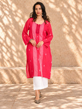 Ethnic Summers. Bengal Handwoven Jamdani Light & Soft Mul Cotton Loose Fit Kurta - Vibrant Pink
