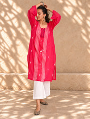 Ethnic Summers. Bengal Handwoven Jamdani Light & Soft Mul Cotton Loose Fit Kurta - Vibrant Pink