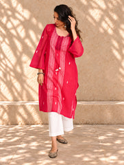 Ethnic Summers. Bengal Handwoven Jamdani Light & Soft Mul Cotton Loose Fit Kurta - Vibrant Pink