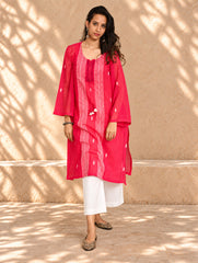 Ethnic Summers. Bengal Handwoven Jamdani Light & Soft Mul Cotton Loose Fit Kurta - Vibrant Pink