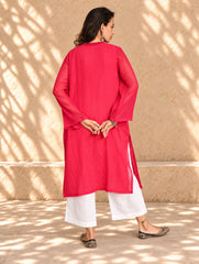 Ethnic Summers. Bengal Handwoven Jamdani Light & Soft Mul Cotton Loose Fit Kurta - Vibrant Pink