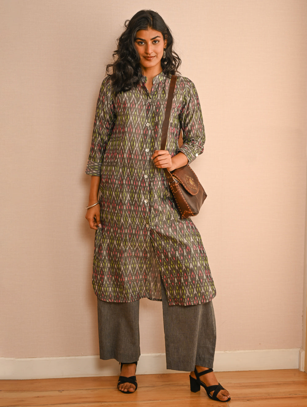 Work Chic. Handwoven Ikat Shirt & Palazzo Set - Grey Aztec (Set of 2)