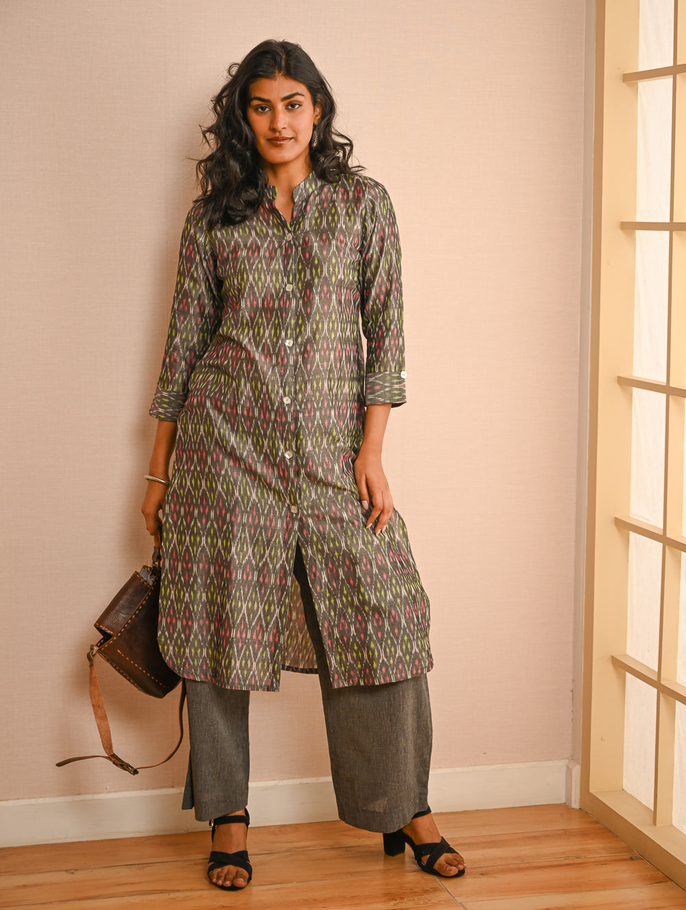 Work Chic. Handwoven Ikat Shirt & Palazzo Set - Grey Aztec (Set of 2)