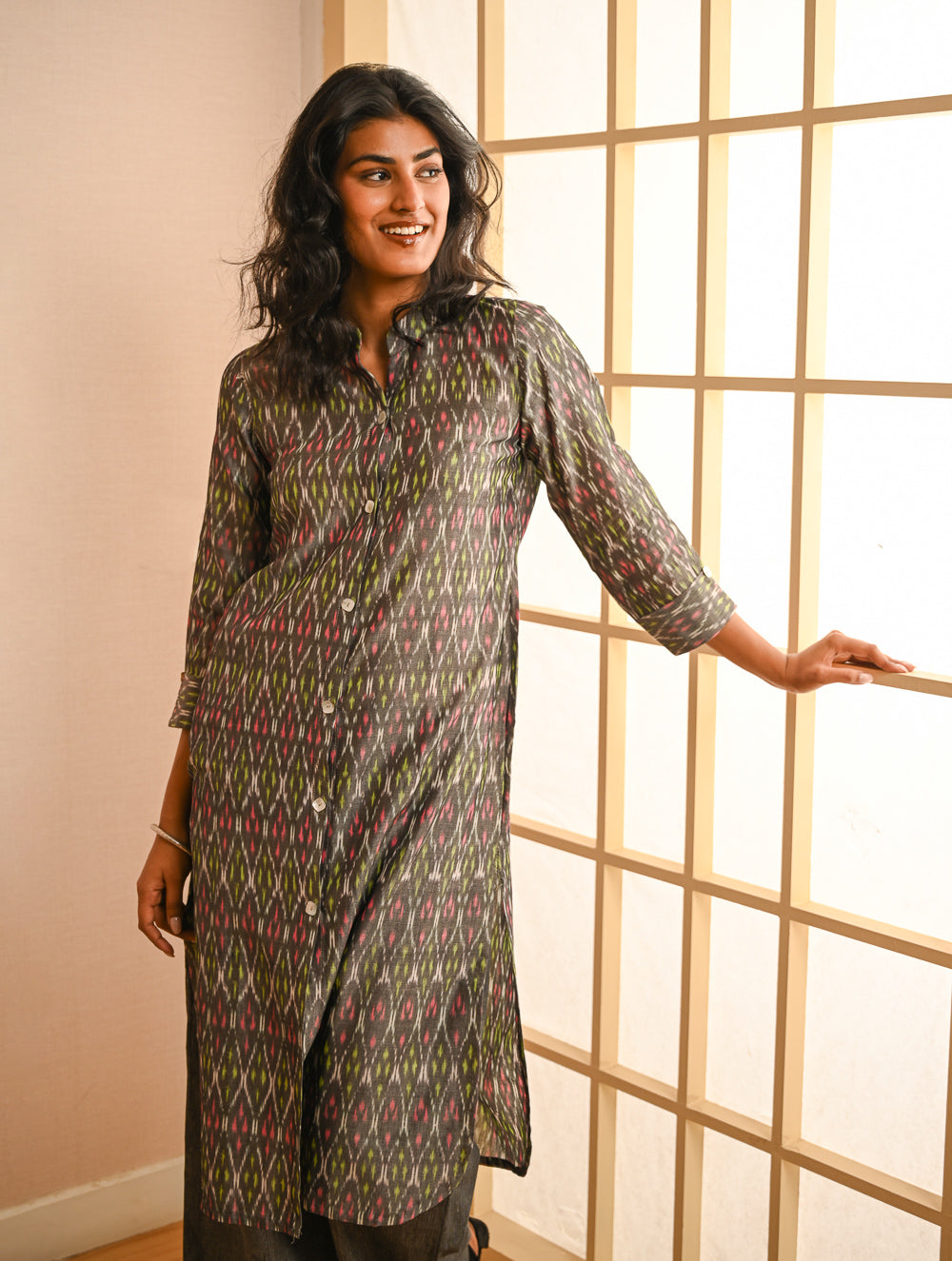 Work Chic. Handwoven Ikat Shirt & Palazzo Set - Grey Aztec (Set of 2)