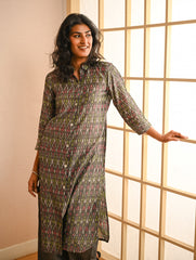 Work Chic. Handwoven Ikat Shirt & Palazzo Set - Grey Aztec (Set of 2)