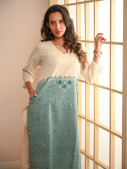Work Chic. Handwoven Kashida Pattu Loose Fit Cotton Kurta - Mint & Cream Vibes