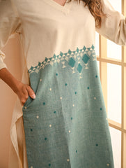 Work Chic. Handwoven Kashida Pattu Loose Fit Cotton Kurta - Mint & Cream Vibes