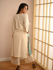 Work Chic. Handwoven Kashida Pattu Loose Fit Cotton Kurta - Mint & Cream Vibes