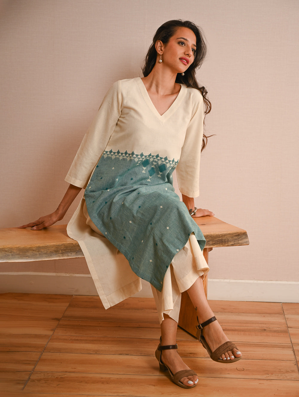Work Chic. Handwoven Kashida Pattu Loose Fit Cotton Kurta - Mint & Cream Vibes