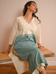 Work Chic. Handwoven Kashida Pattu Loose Fit Cotton Kurta - Mint & Cream Vibes