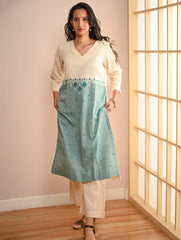 Work Chic. Handwoven Kashida Pattu Loose Fit Cotton Kurta - Mint & Cream Vibes