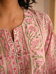Work Chic. Sanganer Block Printed Loose Fit Cotton Kurta Set - Floral Panels (Set of 2)