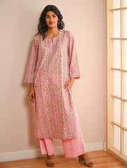 Work Chic. Sanganer Block Printed Loose Fit Cotton Kurta Set - Floral Panels (Set of 2)