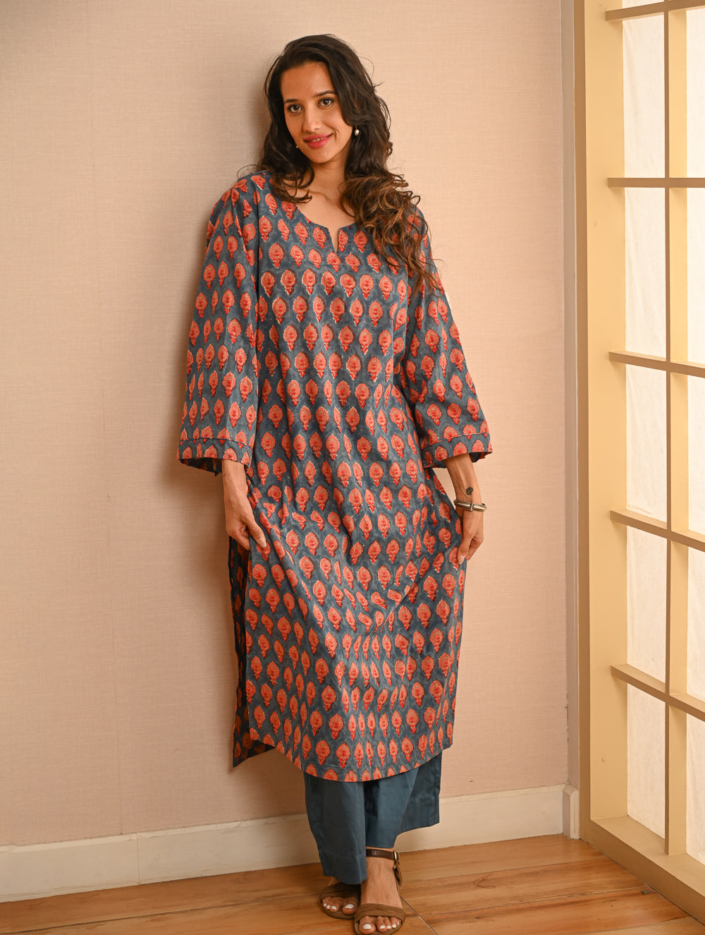 Work Chic. Sanganer Block Printed Loose Fit Cotton Kurta Set - Teal Motifs (Set of 2)
