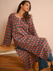 Work Chic. Sanganer Block Printed Loose Fit Cotton Kurta Set - Teal Motifs (Set of 2)