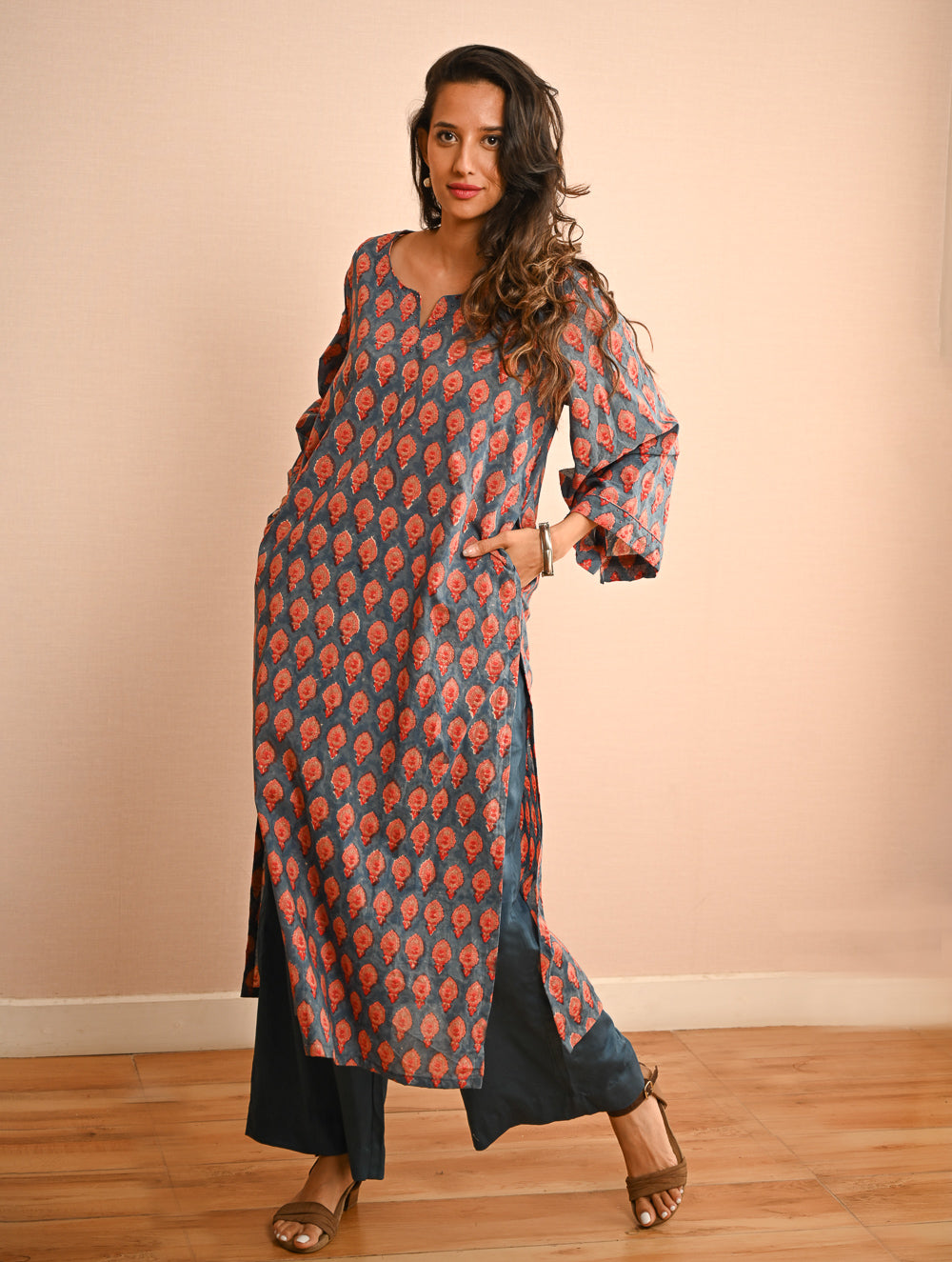 Work Chic. Sanganer Block Printed Loose Fit Cotton Kurta Set - Teal Motifs (Set of 2)