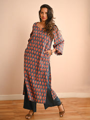 Work Chic. Sanganer Block Printed Loose Fit Cotton Kurta Set - Teal Motifs (Set of 2)