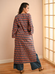 Work Chic. Sanganer Block Printed Loose Fit Cotton Kurta Set - Teal Motifs (Set of 2)