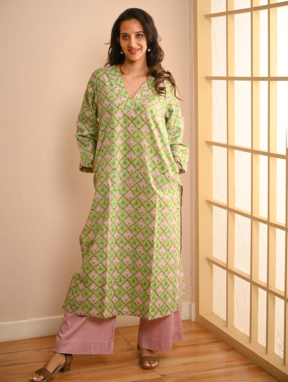 Work Chic. Sanganer Block Printed Loose Fit Cotton Kurta Set - Mint Ornate (Set of 2)