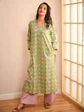 Work Chic. Sanganer Block Printed Loose Fit Cotton Kurta Set - Mint Ornate (Set of 2)
