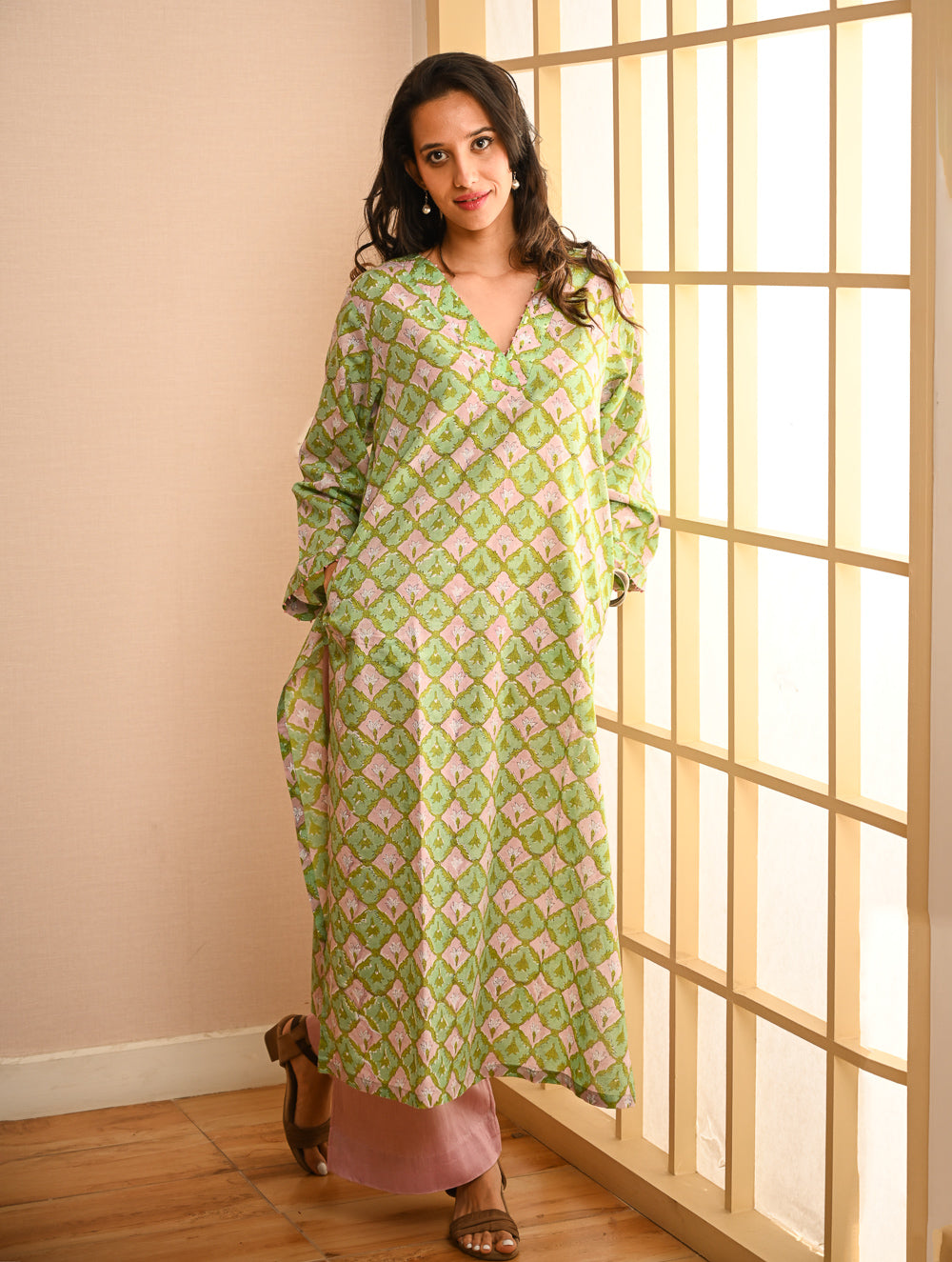 Work Chic. Sanganer Block Printed Loose Fit Cotton Kurta Set - Mint Ornate (Set of 2)