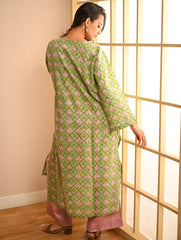 Work Chic. Sanganer Block Printed Loose Fit Cotton Kurta Set - Mint Ornate (Set of 2)
