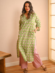 Work Chic. Sanganer Block Printed Loose Fit Cotton Kurta Set - Mint Ornate (Set of 2)