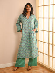 Work Chic. Sanganer Block Printed Loose Fit Cotton Kurta Set - Turquoise Motifs (Set of 2)