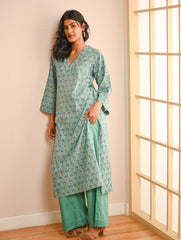 Work Chic. Sanganer Block Printed Loose Fit Cotton Kurta Set - Turquoise Motifs (Set of 2)